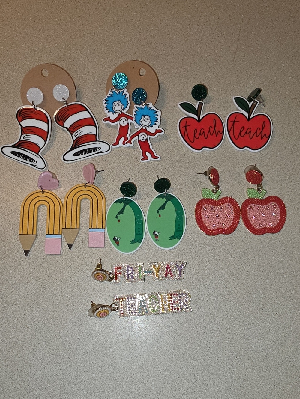 Teacher Apple and Fun Novelty Earring Set - Red, Green, Yellow, Pink